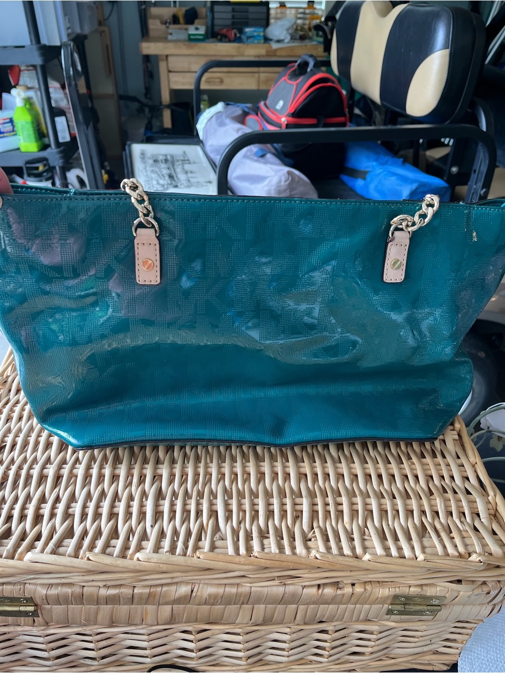 Michael Kors Teal Patent Tote with Gold Chain Handles